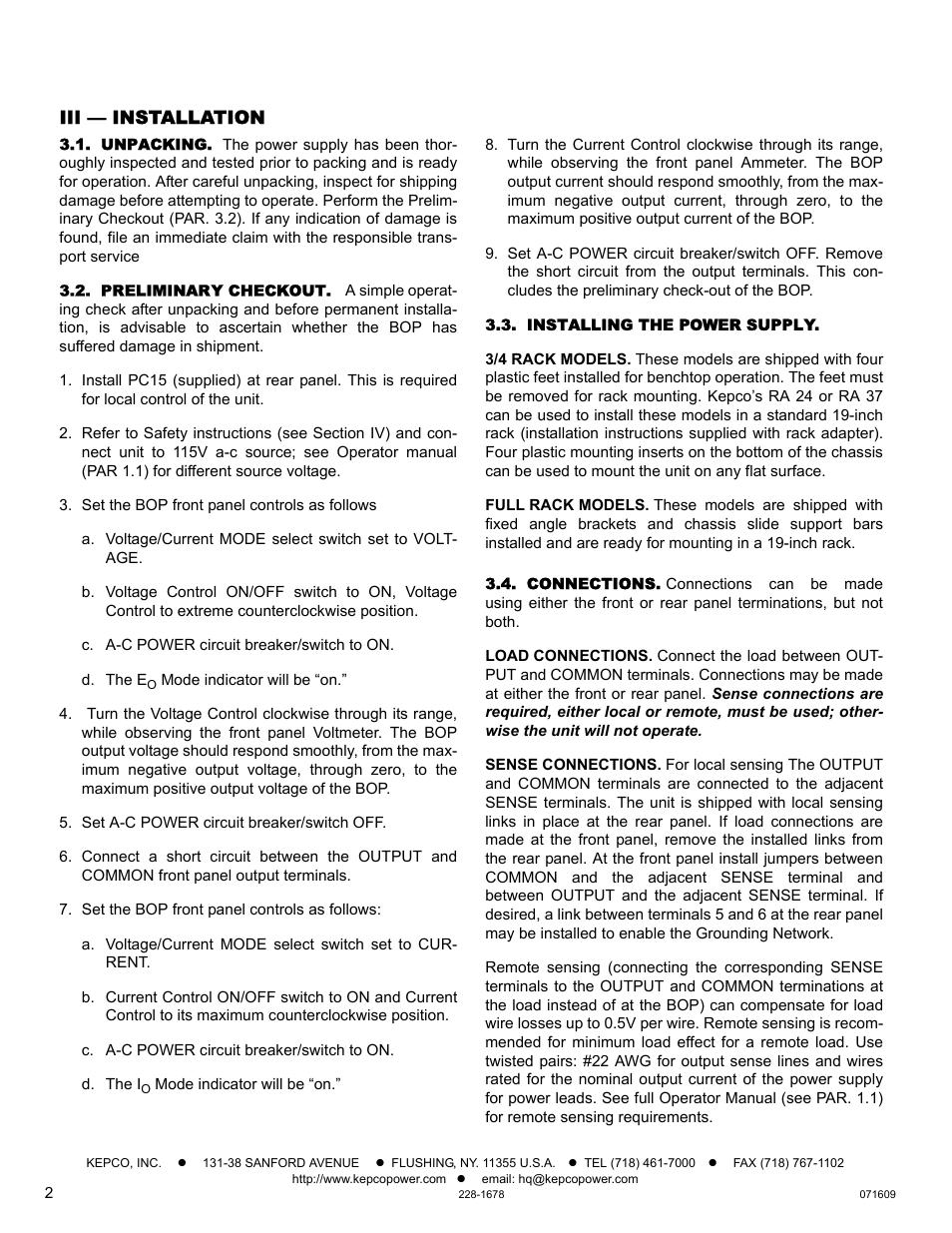 Iii — installation, Unpacking, Preliminary checkout | Installing the power supply, Connections | KEPCO BOP 100W, 200W, 400W (M, D) Quick Start Guide User Manual | Page 2 / 8