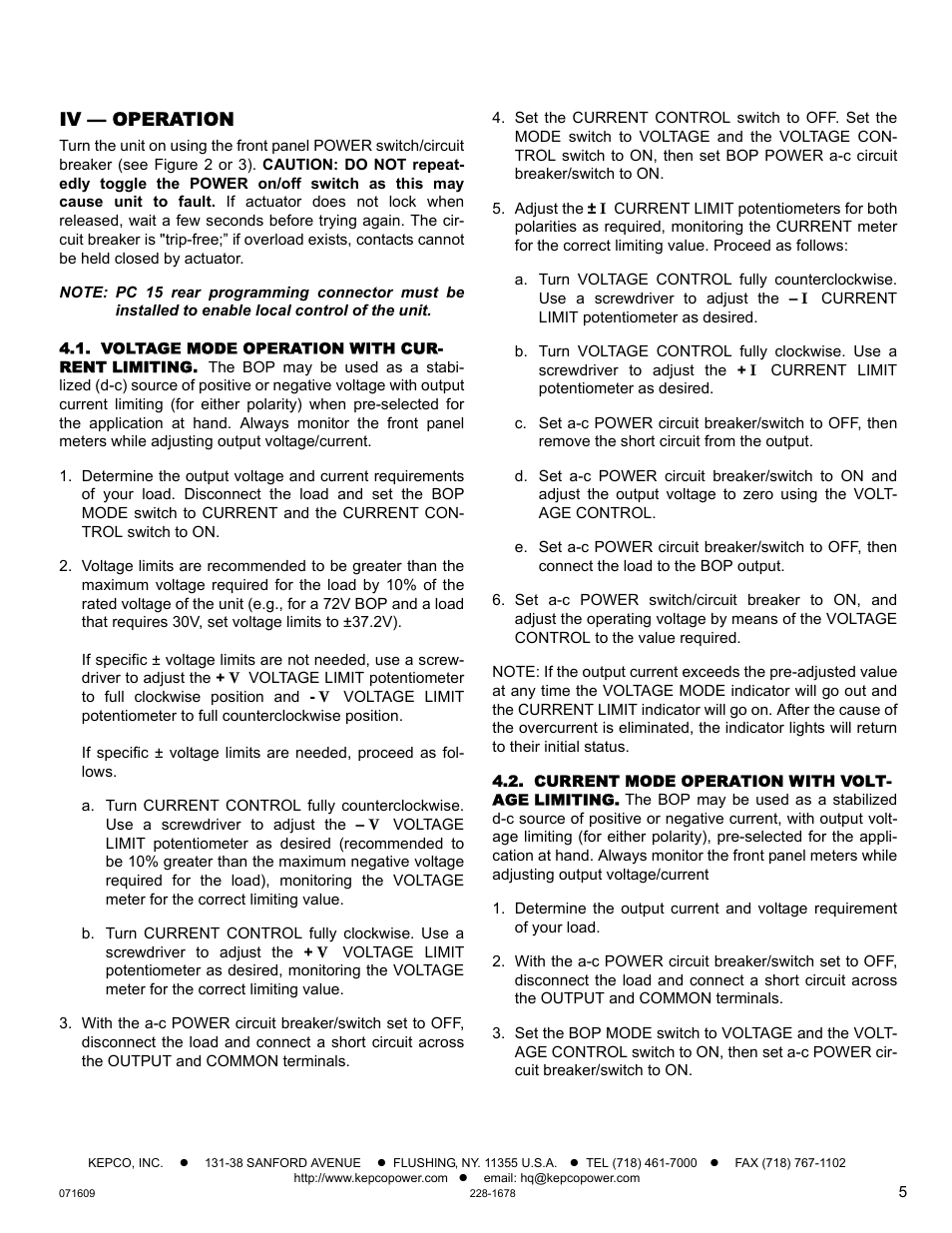 Iv — operation, Voltage mode operation with current limiting, Current mode operation with voltage limiting | KEPCO BOP 100W, 200W, 400W (M, D) Quick Start Guide User Manual | Page 5 / 8