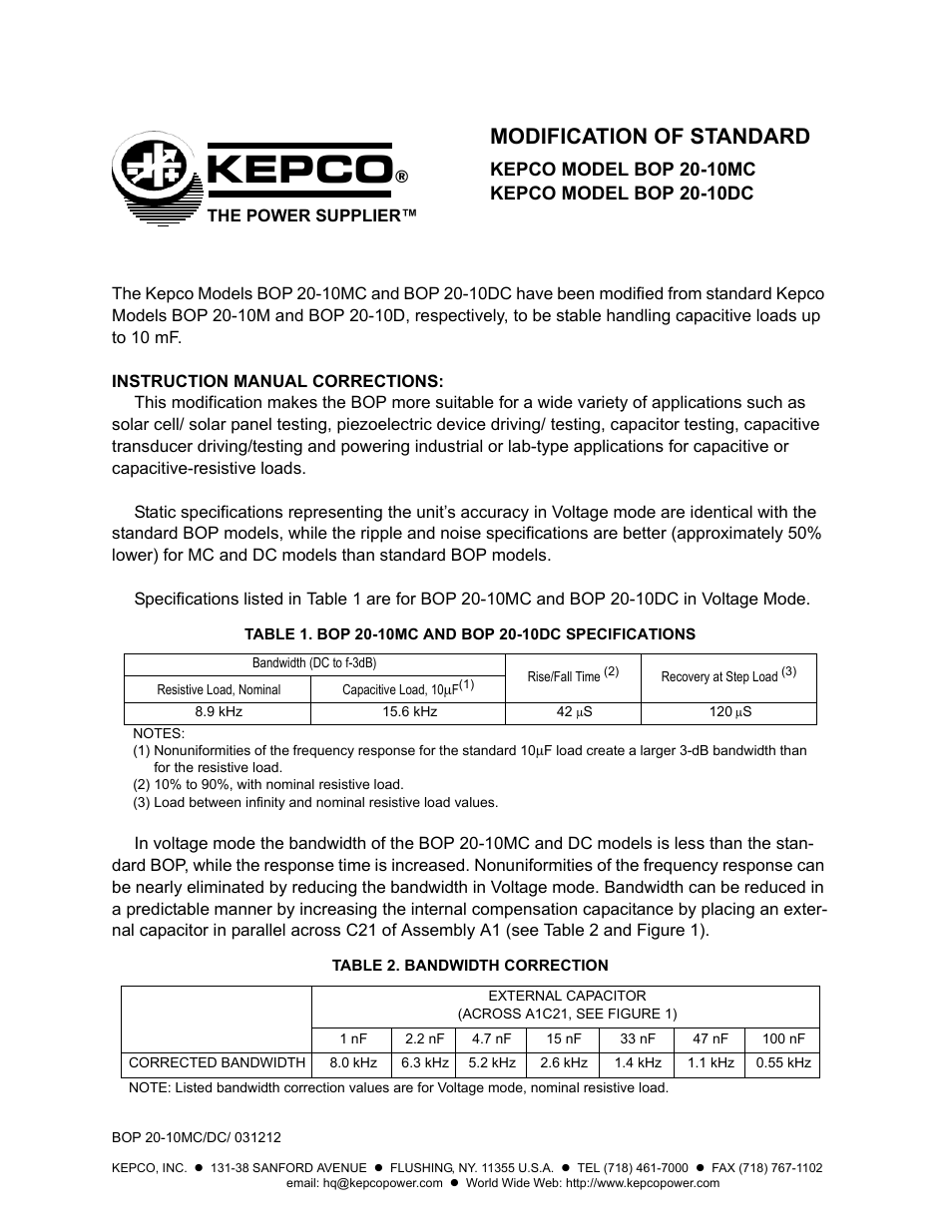 KEPCO BOP 20-10DC Modification Sheet User Manual | 2 pages