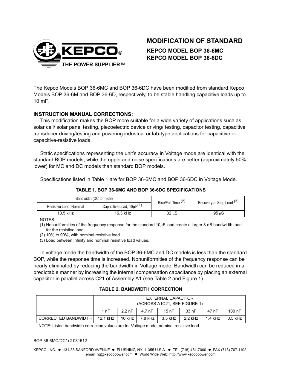 KEPCO BOP 36-6DC Modification Sheet User Manual | 2 pages