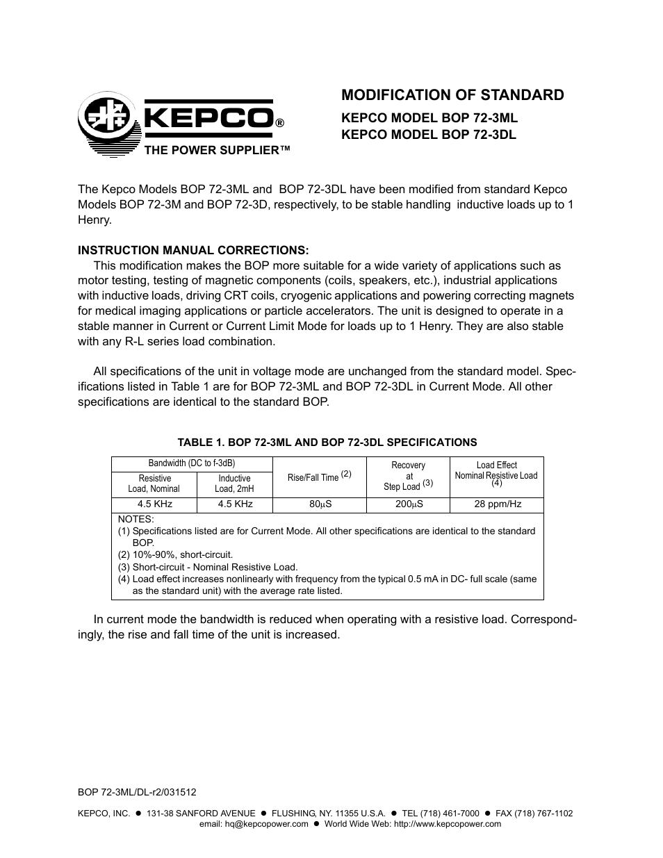KEPCO BOP 72-3DL Modification Sheet User Manual | 2 pages
