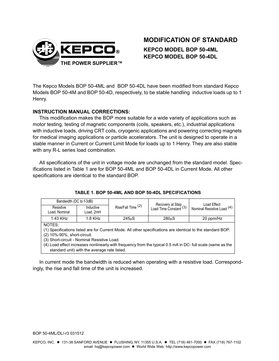 KEPCO BOP 50-4DL Modification Sheet User Manual | 2 pages
