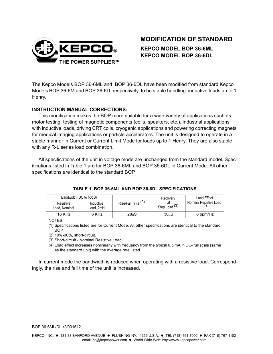 KEPCO BOP 36-6DL Modification Sheet User Manual | 2 pages