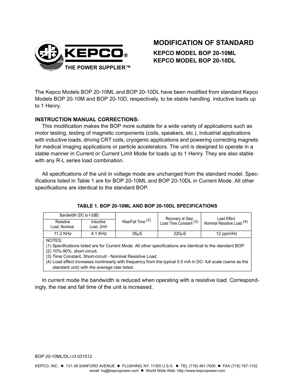 KEPCO BOP 20-10DL Modification Sheet User Manual | 2 pages