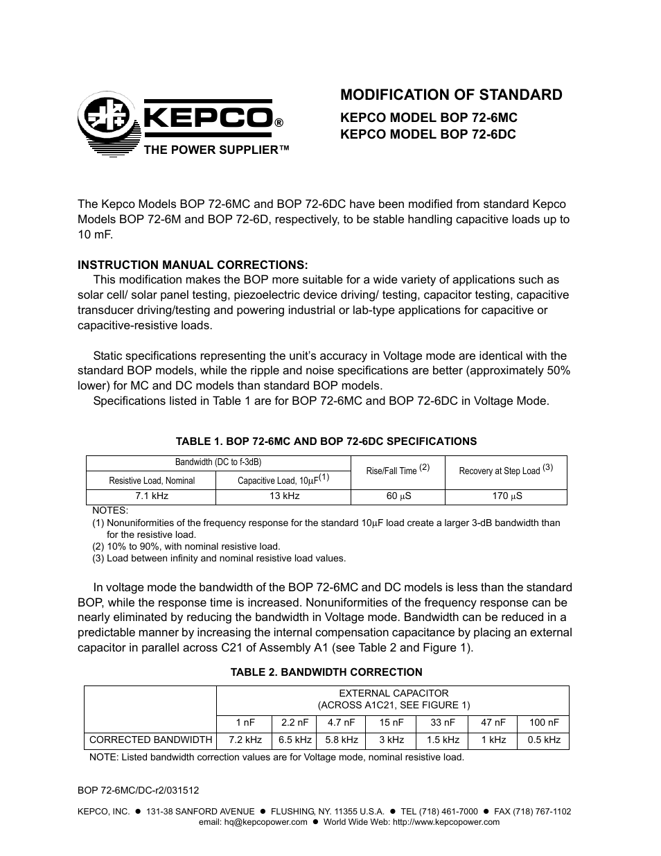 KEPCO BOP 72-6DC Modification Sheet User Manual | 2 pages