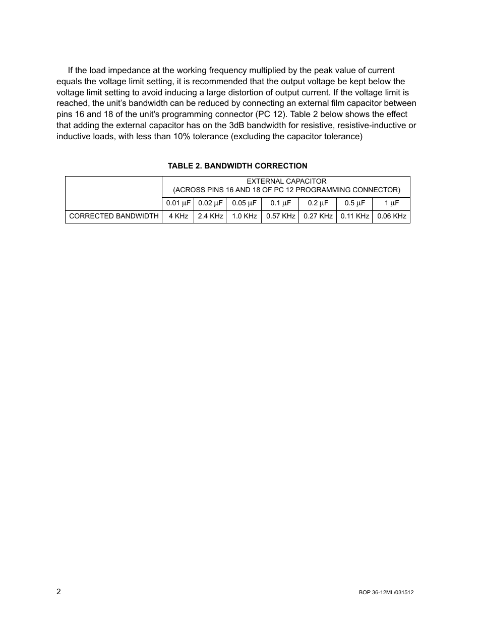 Table 2. bandwidth correction | KEPCO BOP 36-12DL Modification Sheet User Manual | Page 2 / 2