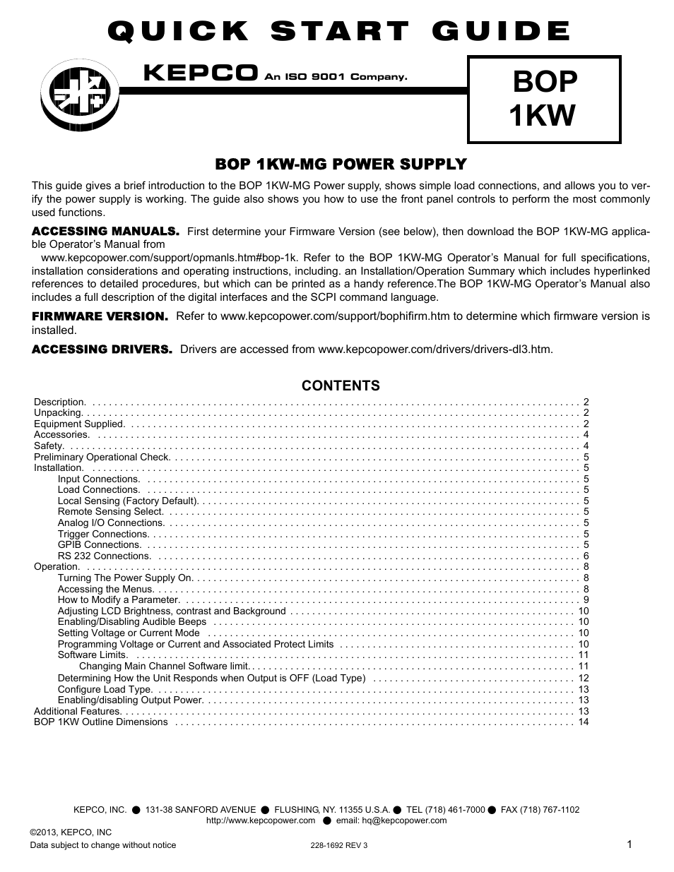 KEPCO BOP 1KW-MG Quick Start Guide User Manual | 16 pages