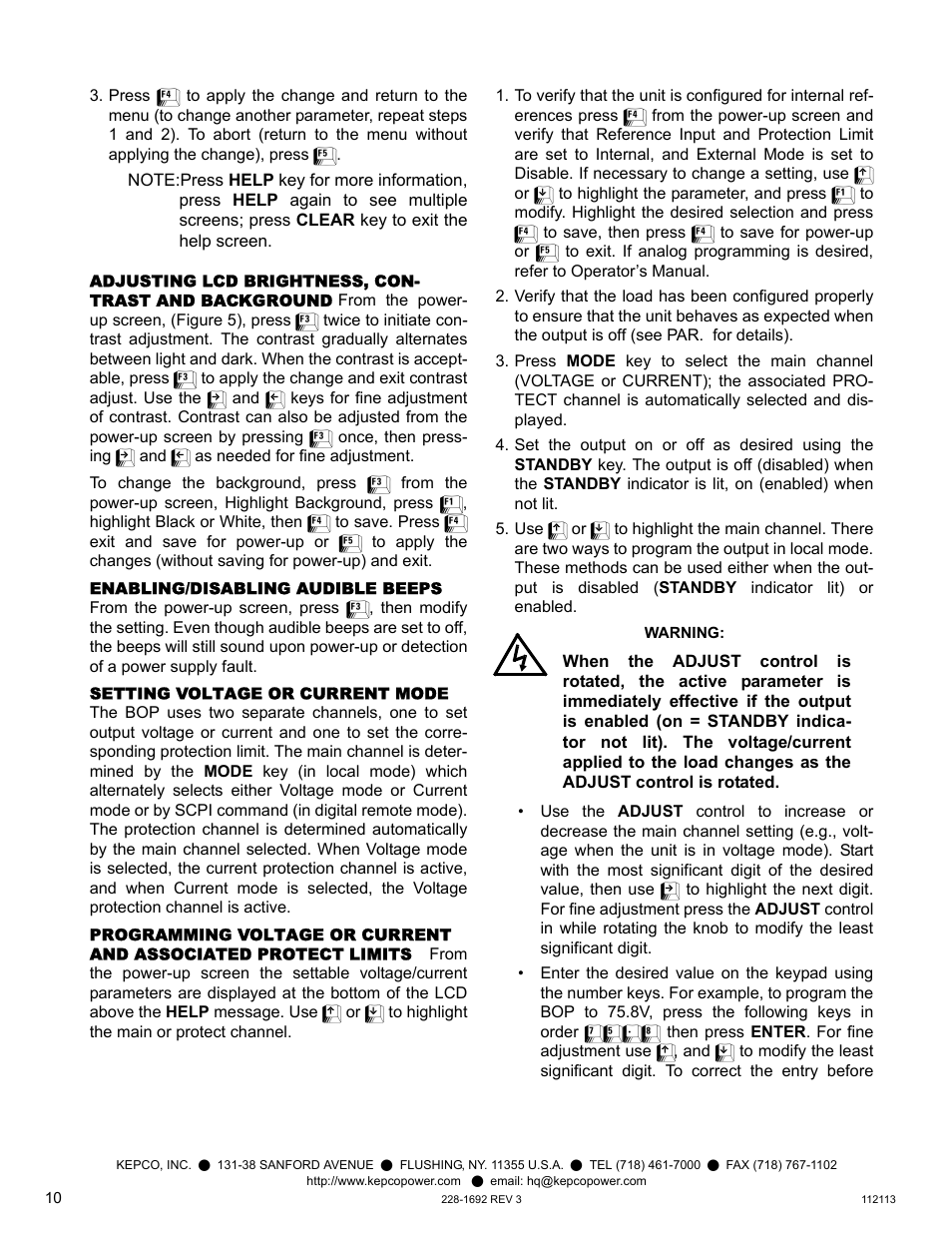 Adjusting lcd brightness, contrast and background, Enabling/disabling audible beeps, Setting voltage or current mode | KEPCO BOP 1KW-MG Quick Start Guide User Manual | Page 10 / 16