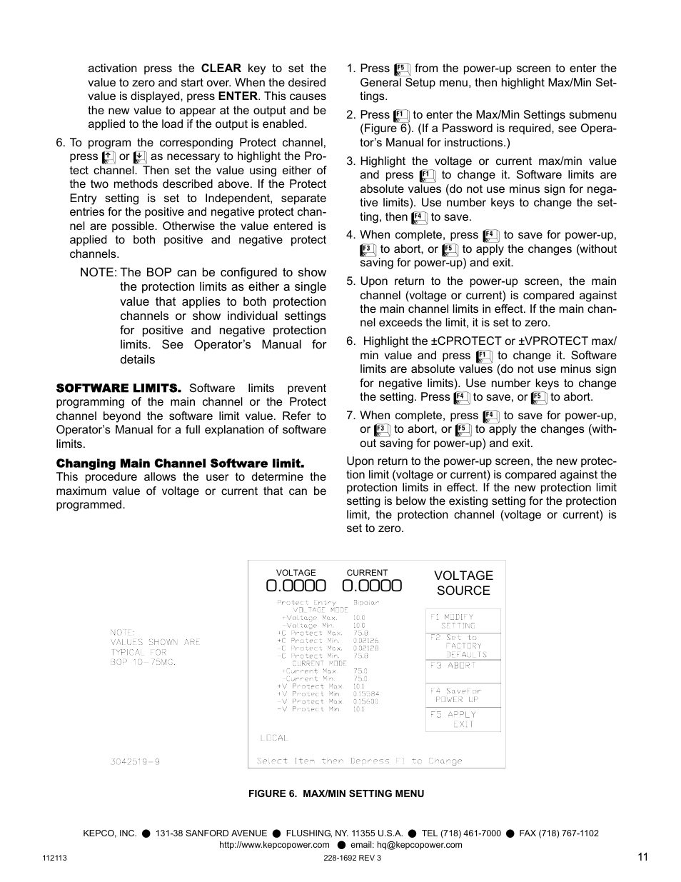 Software limits, Changing main channel software limit, Figure 6. max/min setting menu | KEPCO BOP 1KW-MG Quick Start Guide User Manual | Page 11 / 16