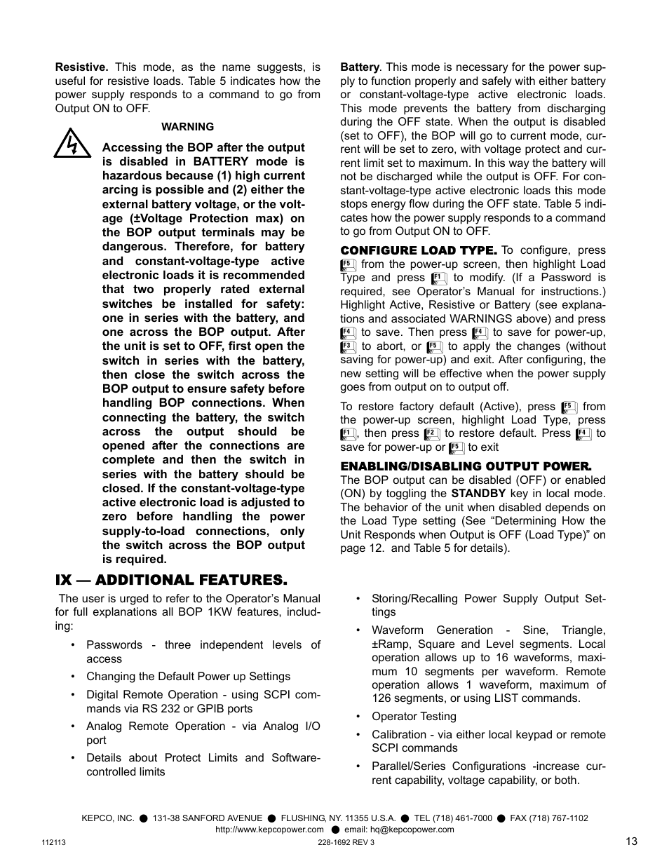 Configure load type, Enabling/disabling output power, Ix — additional features | Additional features | KEPCO BOP 1KW-MG Quick Start Guide User Manual | Page 13 / 16