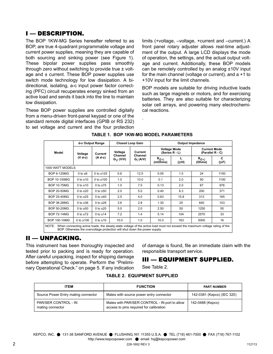 I — description, Table 1. bop 1kw-mg model parameters, Ii — unpacking | Iii — equipment supplied, Table 2. equipment supplied, Description, Unpacking, Equipment supplied, See ta ble 2 | KEPCO BOP 1KW-MG Quick Start Guide User Manual | Page 2 / 16