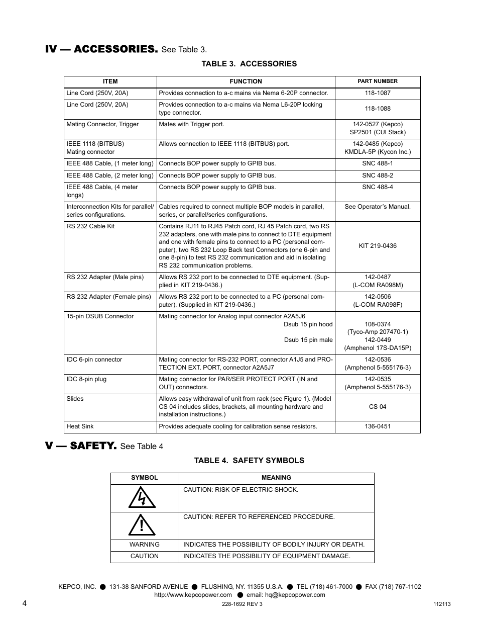 Iv — accessories, Table 3. accessories, V — safety | Table 4. safety symbols, Accessories, Safety | KEPCO BOP 1KW-MG Quick Start Guide User Manual | Page 4 / 16
