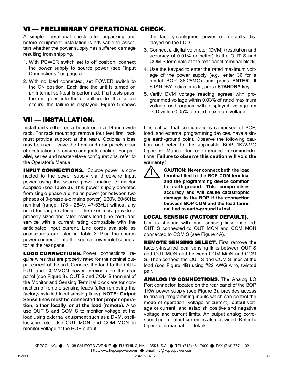 Vi — preliminary operational check, Vii — installation, Input connections | Load connections, Local sensing (factory default), Remote sensing select, Analog i/o connections, Preliminary operational check, Installation | KEPCO BOP 1KW-MG Quick Start Guide User Manual | Page 5 / 16