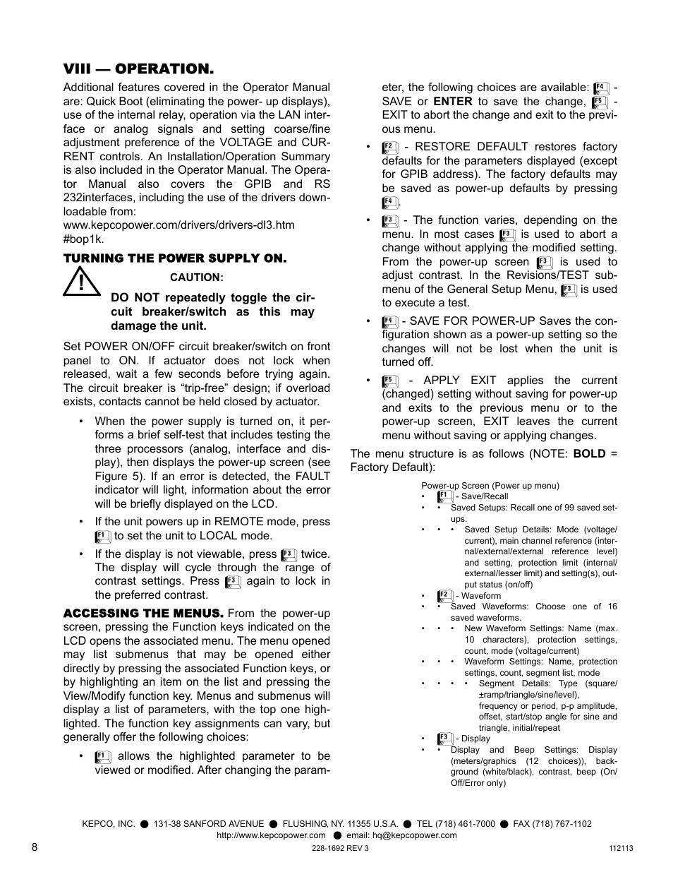 Viii — operation, Turning the power supply on, Accessing the menus | Operation | KEPCO BOP 1KW-MG Quick Start Guide User Manual | Page 8 / 16