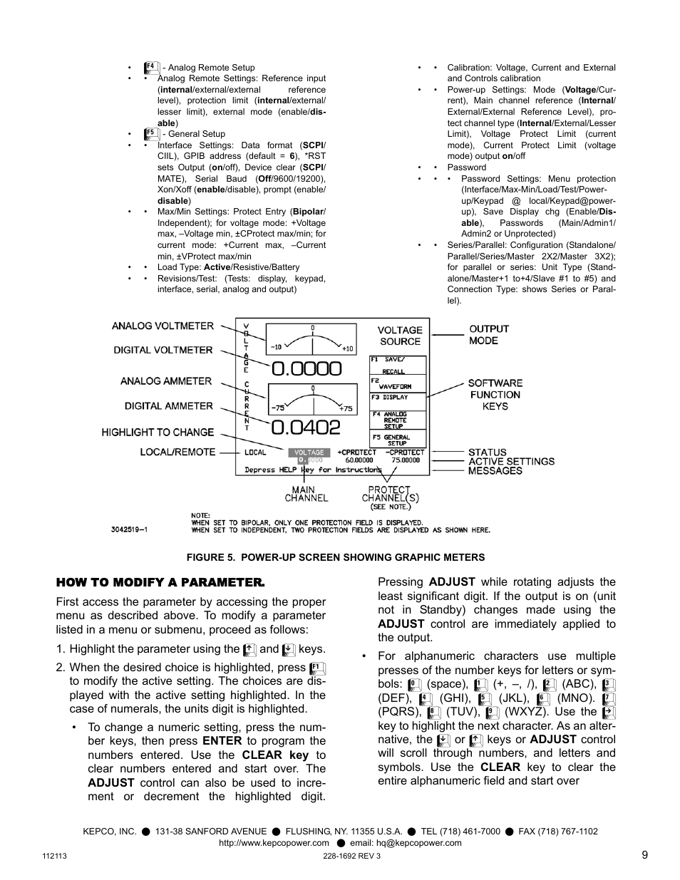 Figure 5. power-up screen showing graphic meters, How to modify a parameter, E 5 shows | KEPCO BOP 1KW-MG Quick Start Guide User Manual | Page 9 / 16