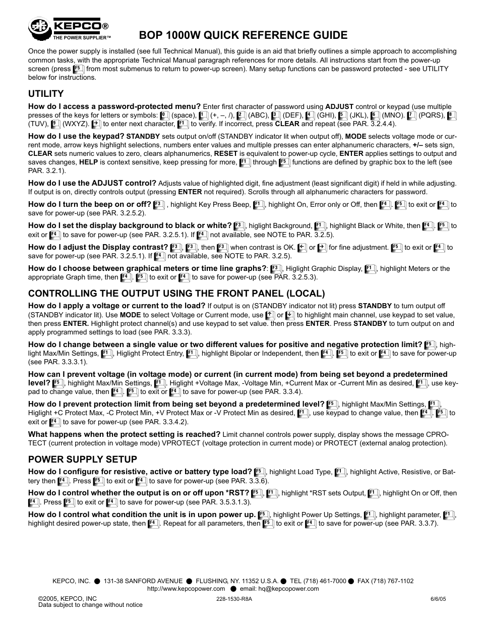 KEPCO BOP 1KW-MG Quick Reference Guide User Manual | 2 pages