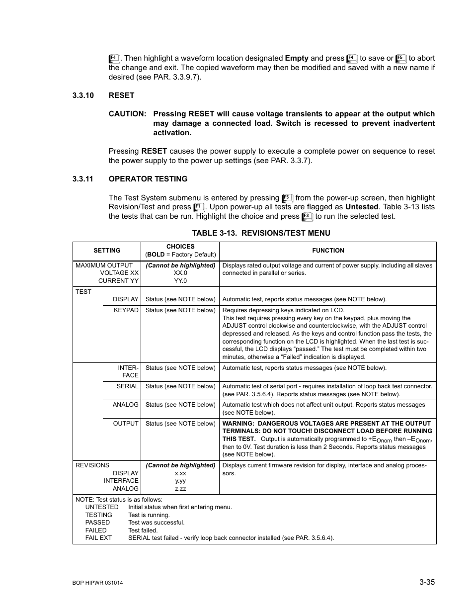 10 reset, 11 operator testing, Table 3-13. revisions/test menu | Caution, Vertent activation, Reset -35, Operator testing -35, 13 revisions/test menu -35, Le 3-13) | KEPCO BOP 1KW-MG Operator Manual, Firmware Ver.4.12 and higher User Manual | Page 101 / 196