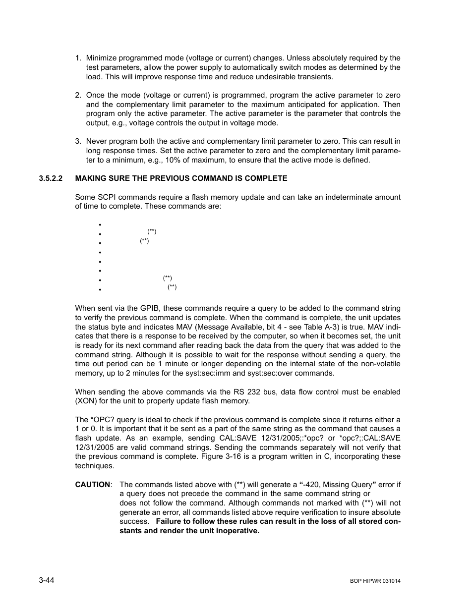 2 making sure the previous command is complete, Caution, String or | Making sure the previous command is complete -44 | KEPCO BOP 1KW-MG Operator Manual, Firmware Ver.4.12 and higher User Manual | Page 110 / 196