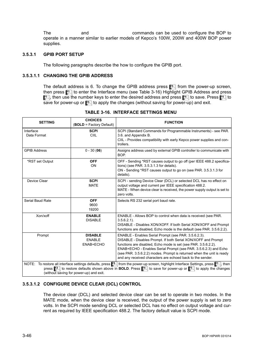 1 gpib port setup, 1 changing the gpib address, Table 3-16. interface settings menu | 2 configure device clear (dcl) control, Gpib port setup -46, Changing the gpib address -46, Configure device clear (dcl) control -46, 16 interface settings menu -46, R 3.5.3.1. th, R. 3.5.3.1 | KEPCO BOP 1KW-MG Operator Manual, Firmware Ver.4.12 and higher User Manual | Page 112 / 196
