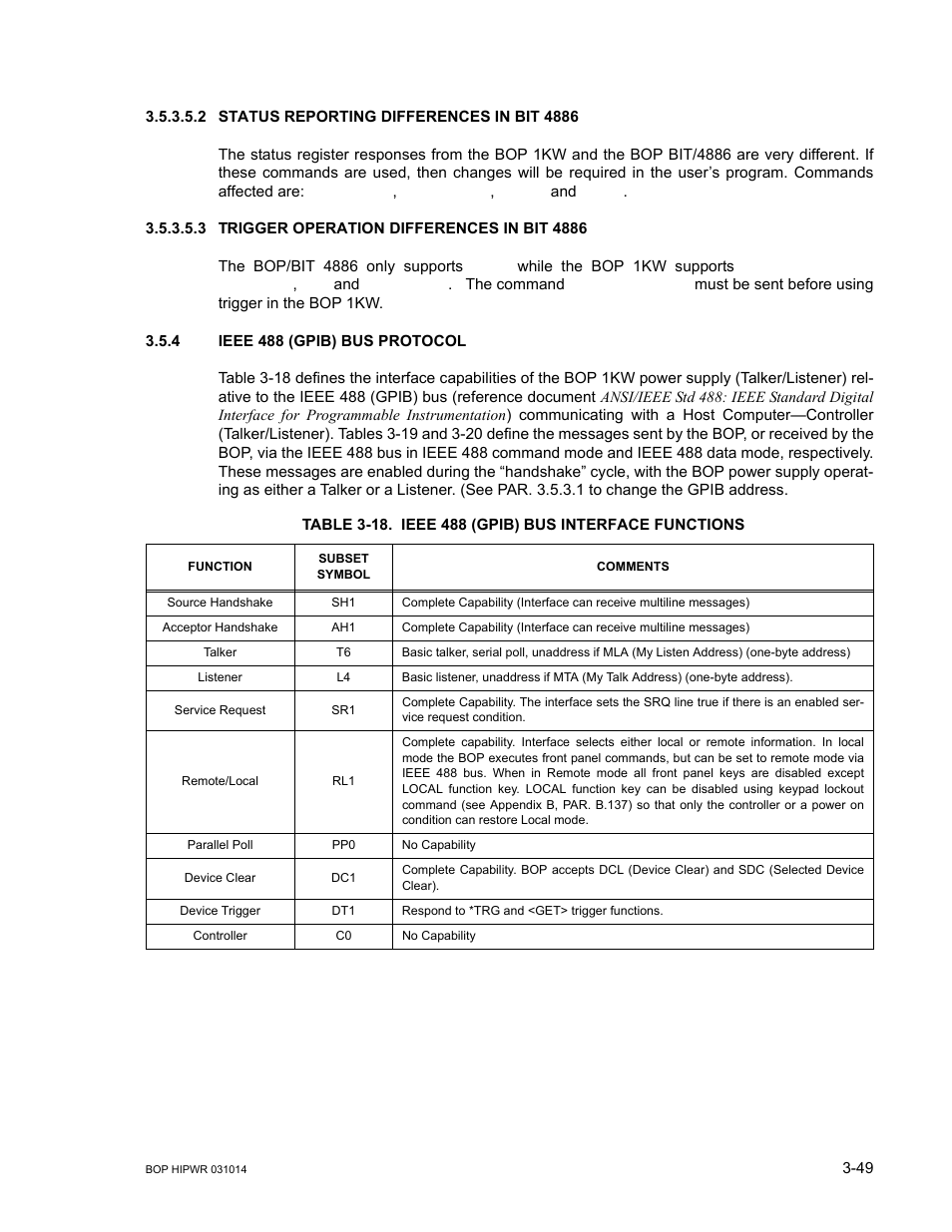 2 status reporting differences in bit 4886, 3 trigger operation differences in bit 4886, 4 ieee 488 (gpib) bus protocol | Status reporting differences in bit 4886 -49, Trigger operation differences in bit 4886 -49, Ieee 488 (gpib) bus protocol -49, 18 ieee 488 (gpib) bus interface functions -49, D 3.5.4) | KEPCO BOP 1KW-MG Operator Manual, Firmware Ver.4.12 and higher User Manual | Page 115 / 196