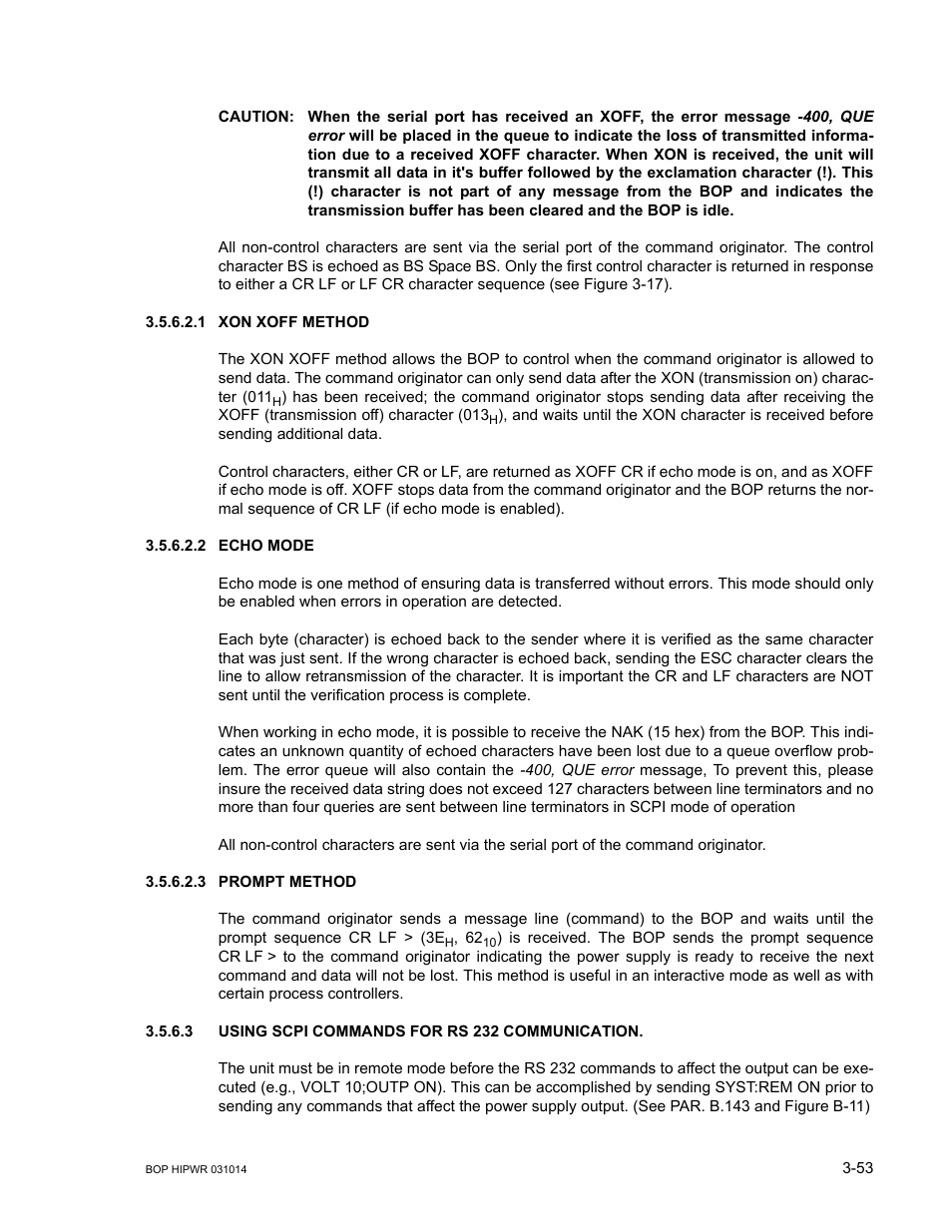 1 xon xoff method, 2 echo mode, 3 prompt method | 3 using scpi commands for rs 232 communication, Caution, Xon xoff method -53, Echo mode -53, Prompt method -53, Using scpi commands for rs 232 communication -53 | KEPCO BOP 1KW-MG Operator Manual, Firmware Ver.4.12 and higher User Manual | Page 119 / 196