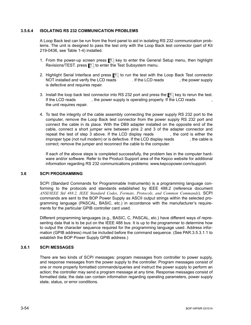 4 isolating rs 232 communication problems, 6 scpi programming, 1 scpi messages | Isolating rs 232 communication problems -54, Scpi programming -54, Scpi messages -54, R. 3.6, 6; appendices a and b, R. 3.5.6.4) | KEPCO BOP 1KW-MG Operator Manual, Firmware Ver.4.12 and higher User Manual | Page 120 / 196