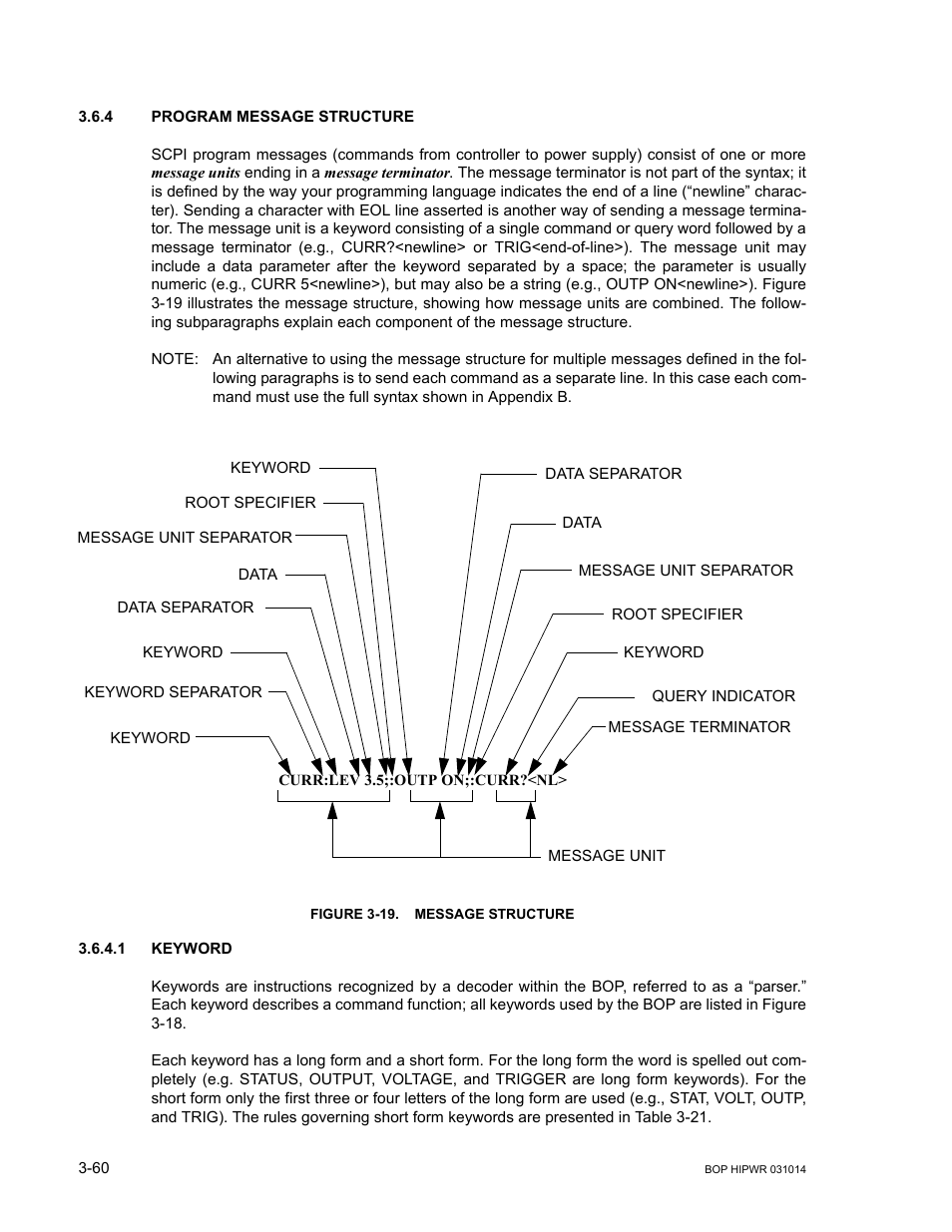 4 program message structure, Figure 3-19. message structure, 1 keyword | Program message structure -60, Keyword -60, 19 message structure -60 | KEPCO BOP 1KW-MG Operator Manual, Firmware Ver.4.12 and higher User Manual | Page 126 / 196