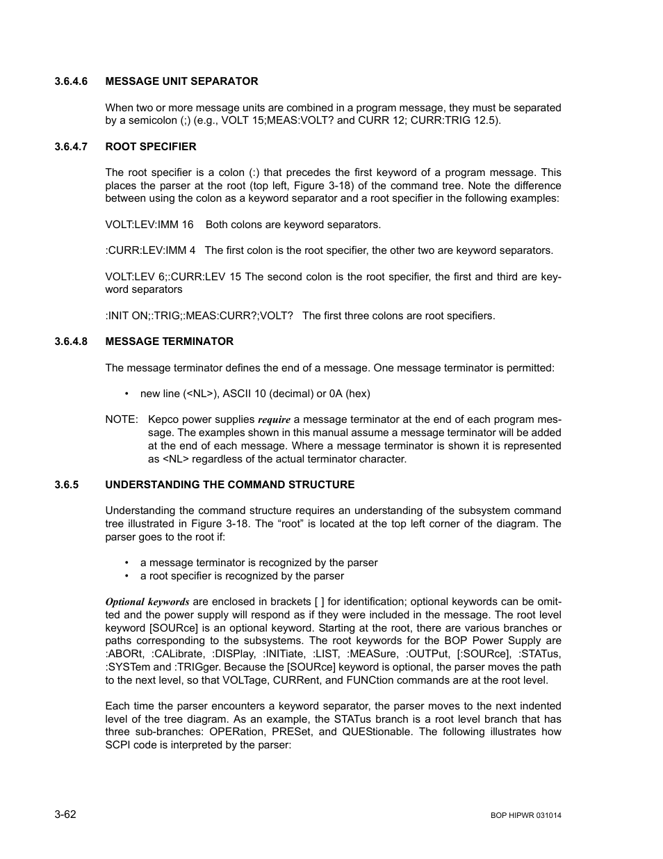 6 message unit separator, 7 root specifier, 8 message terminator | 5 understanding the command structure, Message unit separator -62, Root specifier -62, Message terminator -62, Understanding the command structure -62 | KEPCO BOP 1KW-MG Operator Manual, Firmware Ver.4.12 and higher User Manual | Page 128 / 196