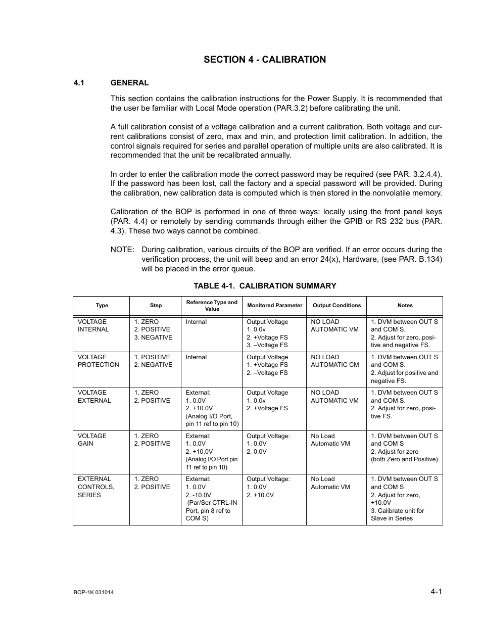Section 4 - calibration, 1 general, Table 4-1. calibration summary | General -1, Calibration summary -1 | KEPCO BOP 1KW-MG Operator Manual, Firmware Ver.4.12 and higher User Manual | Page 135 / 196