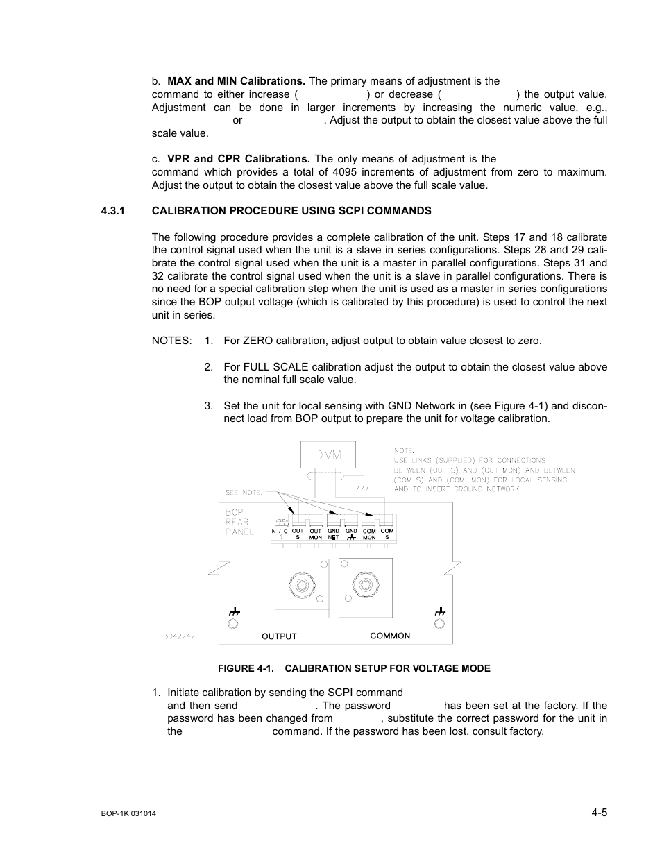 1 calibration procedure using scpi commands, Figure 4-1. calibration setup for voltage mode, Calibration procedure using scpi commands -5 | Calibration setup for voltage mode -5 | KEPCO BOP 1KW-MG Operator Manual, Firmware Ver.4.12 and higher User Manual | Page 139 / 196