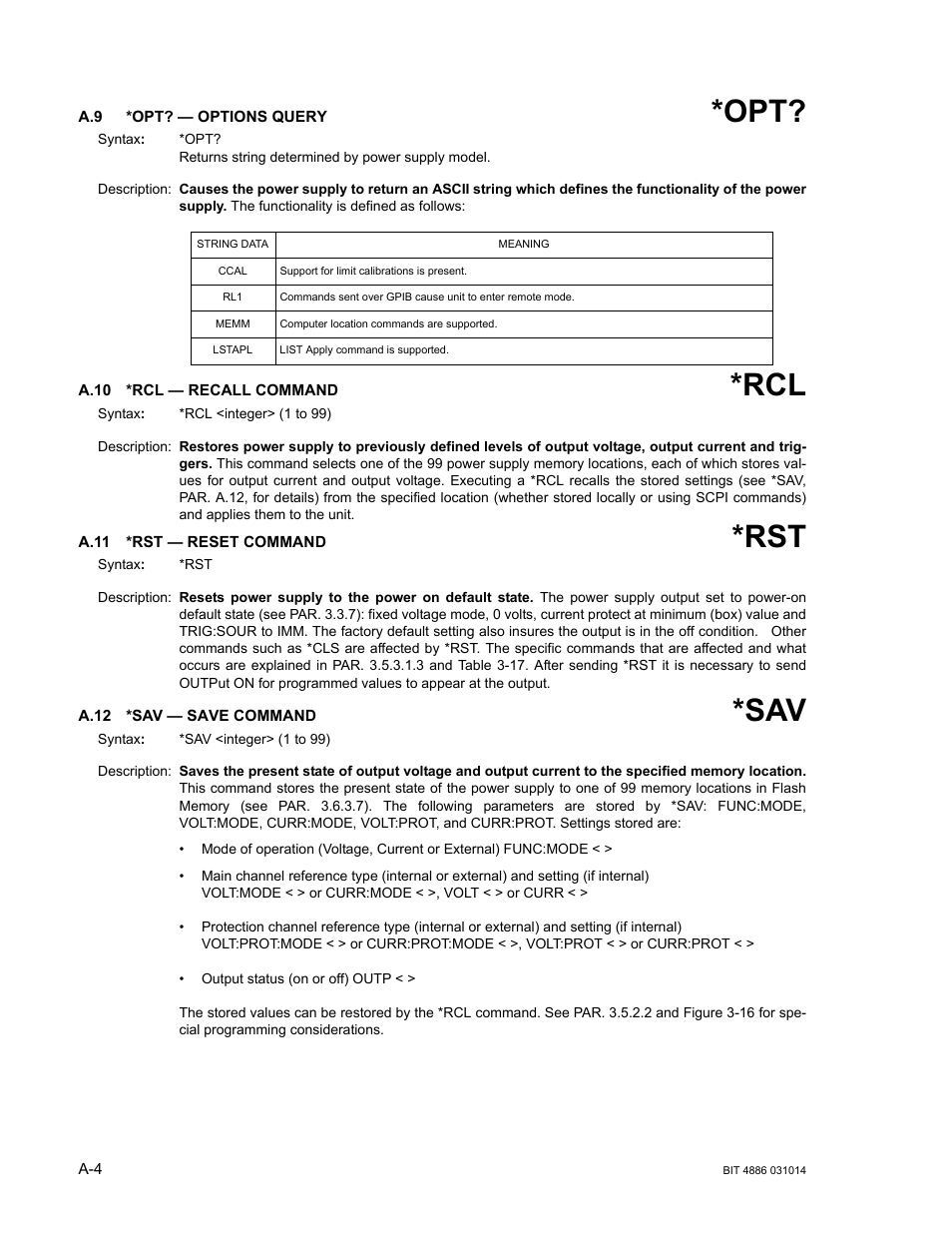 A.9 *opt? — options query, A.10 *rcl — recall command, A.11 *rst — reset command | A.12 *sav — save command, A.10, A.11, A.12, R. a.11) | KEPCO BOP 1KW-MG Operator Manual, Firmware Ver.4.12 and higher User Manual | Page 154 / 196