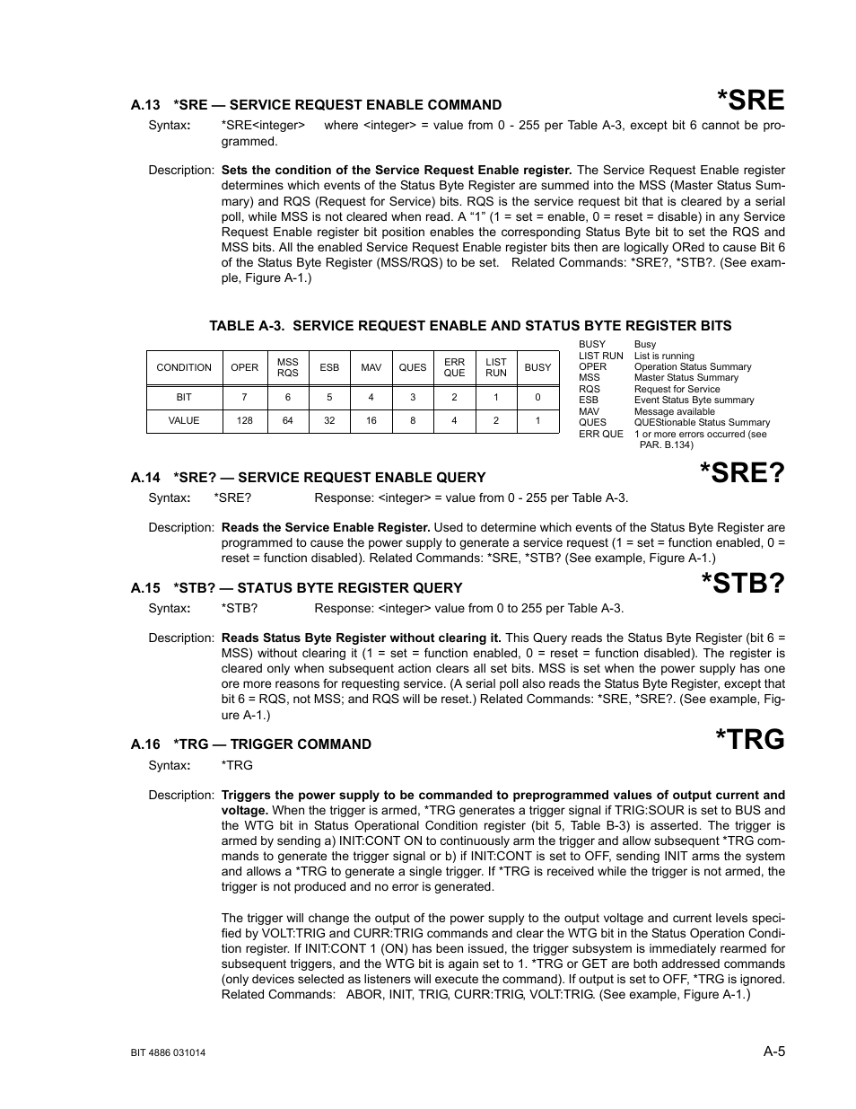 A.13 *sre — service request enable command, A.14 *sre? — service request enable query, A.15 *stb? — status byte register query | A.16 *trg — trigger command, A.13, A.14, A.15, A.16, A.13, a.14 | KEPCO BOP 1KW-MG Operator Manual, Firmware Ver.4.12 and higher User Manual | Page 155 / 196