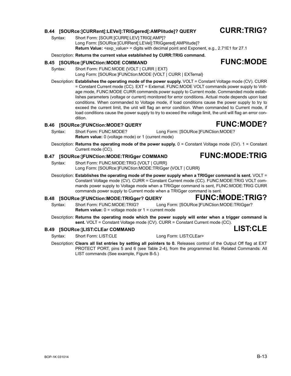 B.45 [source:]function:mode command, B.46 [source:]function:mode? query, B.47 [source:]function:mode:trigger command | B.48 [source:]function:mode:trigger? query, B.49 [source:]list:clear command, B.44, Sour, B.45, B.46, B.47 | KEPCO BOP 1KW-MG Operator Manual, Firmware Ver.4.12 and higher User Manual | Page 169 / 196