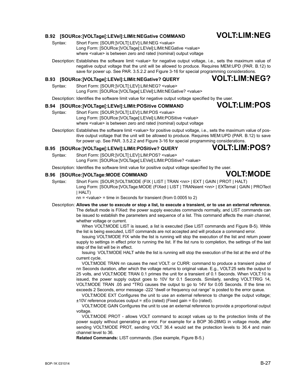 B.96 [source:]voltage:mode command, B.92, Sour | B.93, B.94, B.95, B.96, B.92, b.94, B.92, b.93, B.94, b.95 | KEPCO BOP 1KW-MG Operator Manual, Firmware Ver.4.12 and higher User Manual | Page 183 / 196