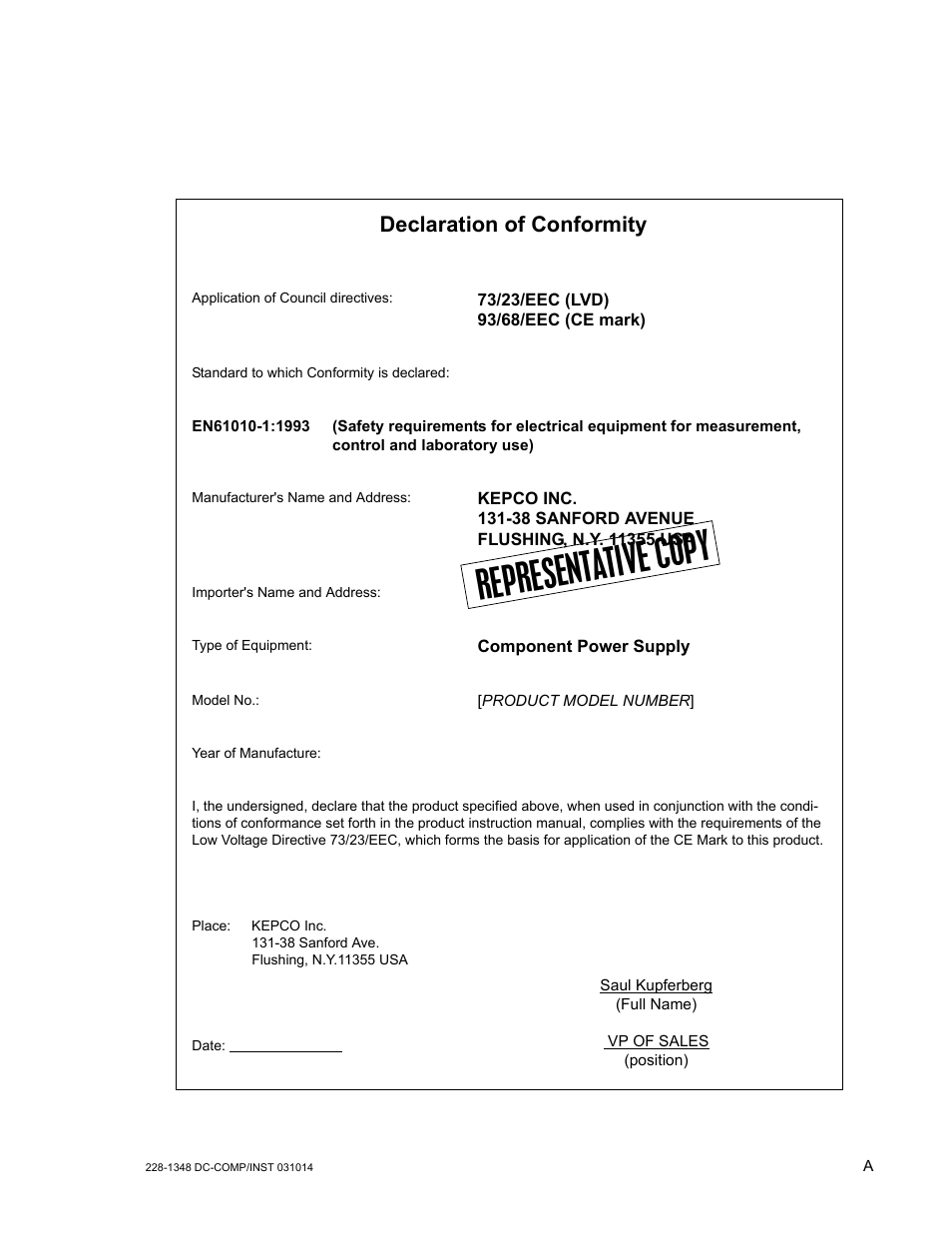 Represent ative cop y, Declaration of conformity | KEPCO BOP 1KW-MG Operator Manual, Firmware Ver.4.12 and higher User Manual | Page 3 / 196