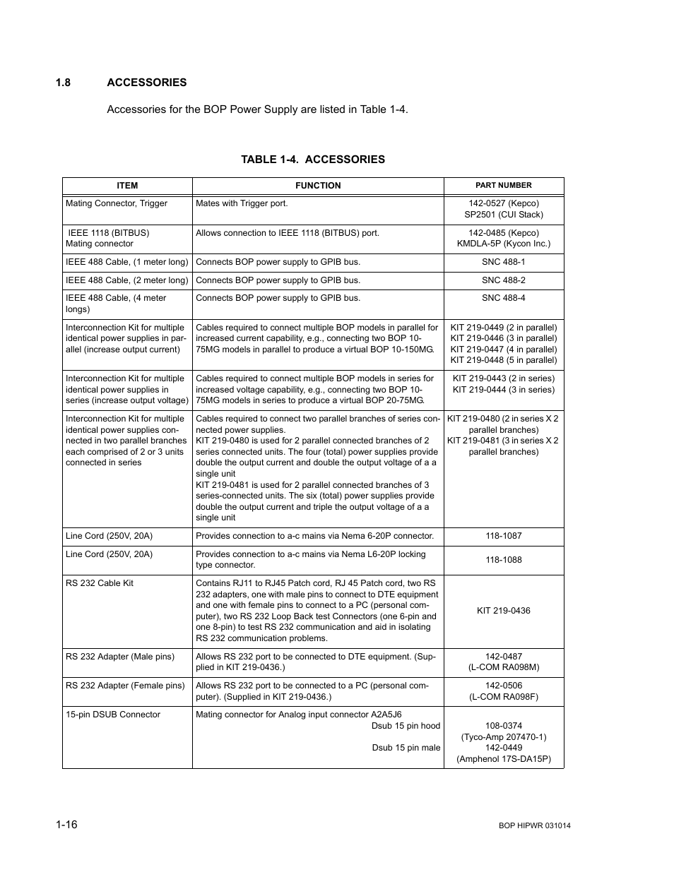 8 accessories, Table 1-4. accessories, Accessories -16 | KEPCO BOP 1KW-MG Operator Manual, Firmware Ver.4.12 and higher User Manual | Page 36 / 196