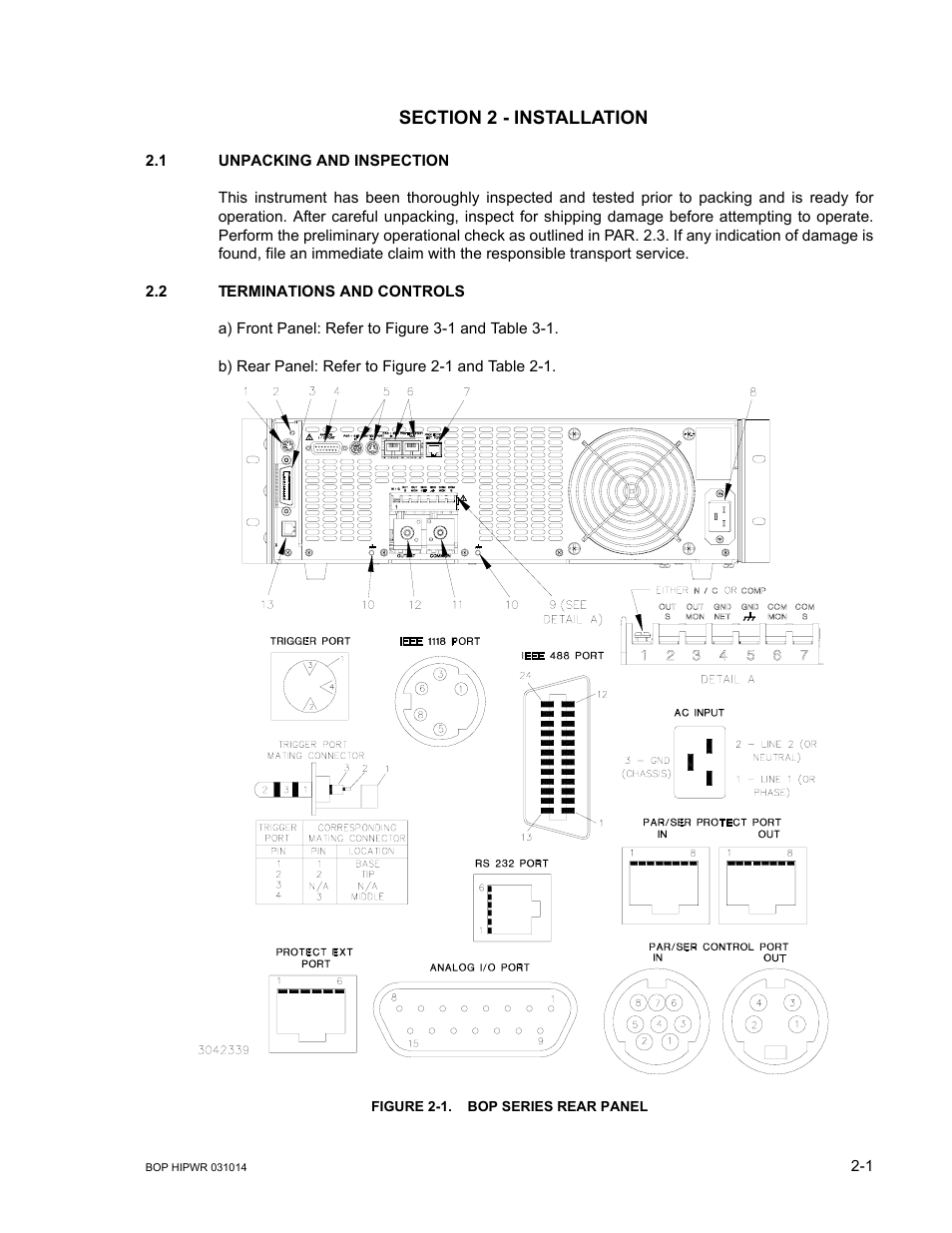 Section 2 - installation, 1 unpacking and inspection, 2 terminations and controls | Figure 2-1. bop series rear panel, Unpacking and inspection -1, Terminations and controls -1, Bop series rear panel -1, E 2-1, t | KEPCO BOP 1KW-MG Operator Manual, Firmware Ver.4.12 and higher User Manual | Page 39 / 196