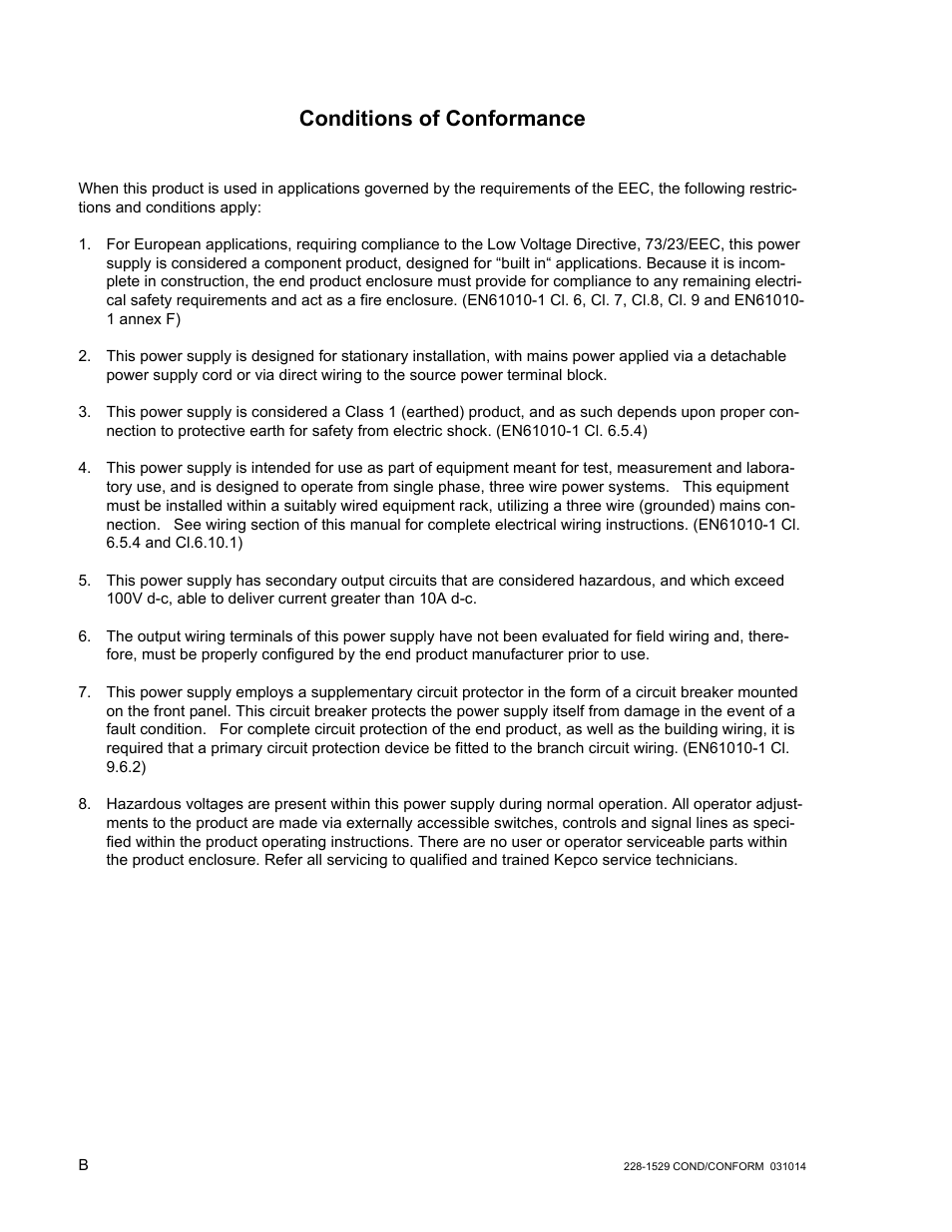 Conditions of conformance | KEPCO BOP 1KW-MG Operator Manual, Firmware Ver.4.12 and higher User Manual | Page 4 / 196