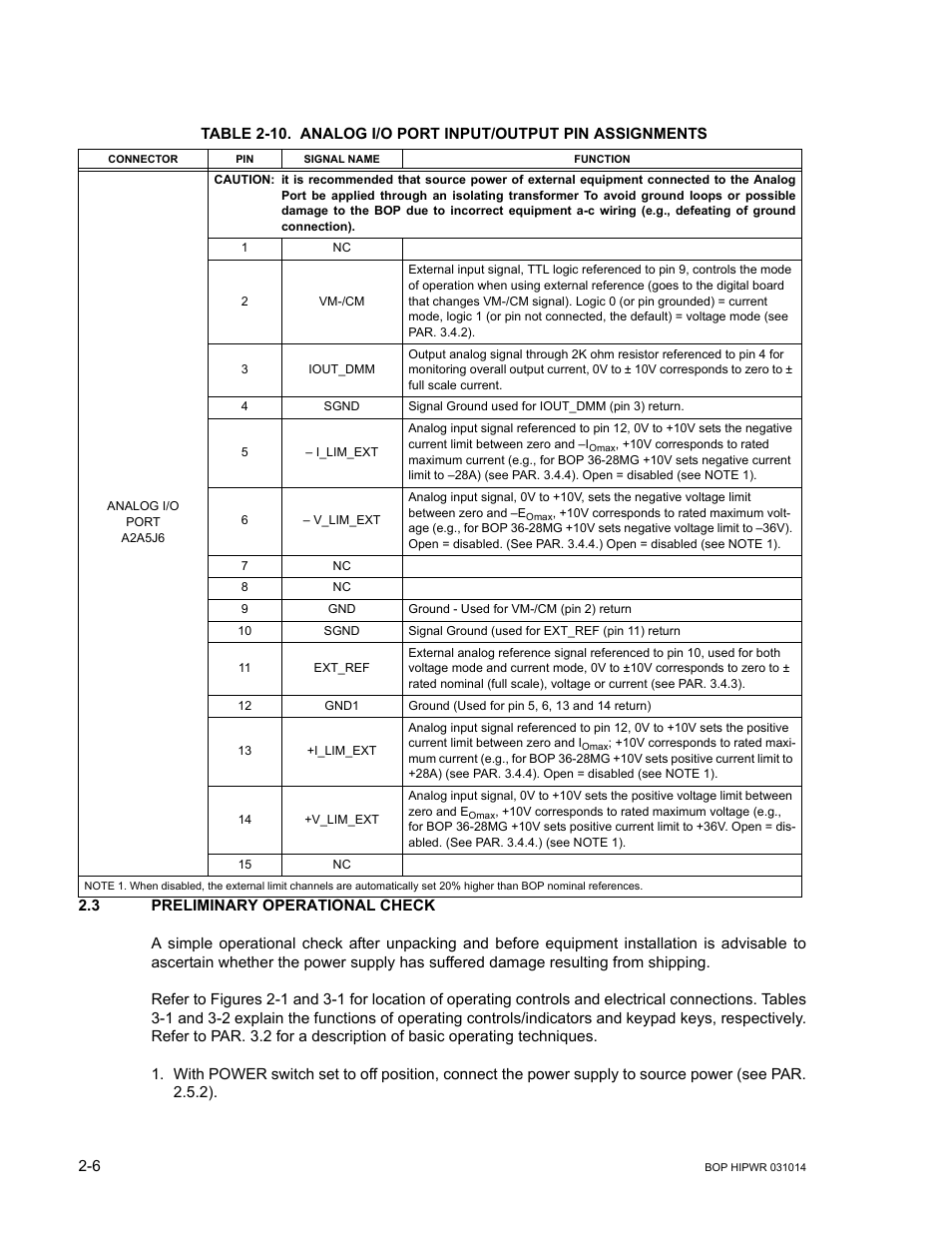 3 preliminary operational check, Caution, A-c wiring (e.g., defeating of ground connection) | Preliminary operational check -6, 10 analog i/o port input/output pin assignments -6, Able 2-10), Able 2-10, R. 2.3, Able 2-10.) | KEPCO BOP 1KW-MG Operator Manual, Firmware Ver.4.12 and higher User Manual | Page 44 / 196