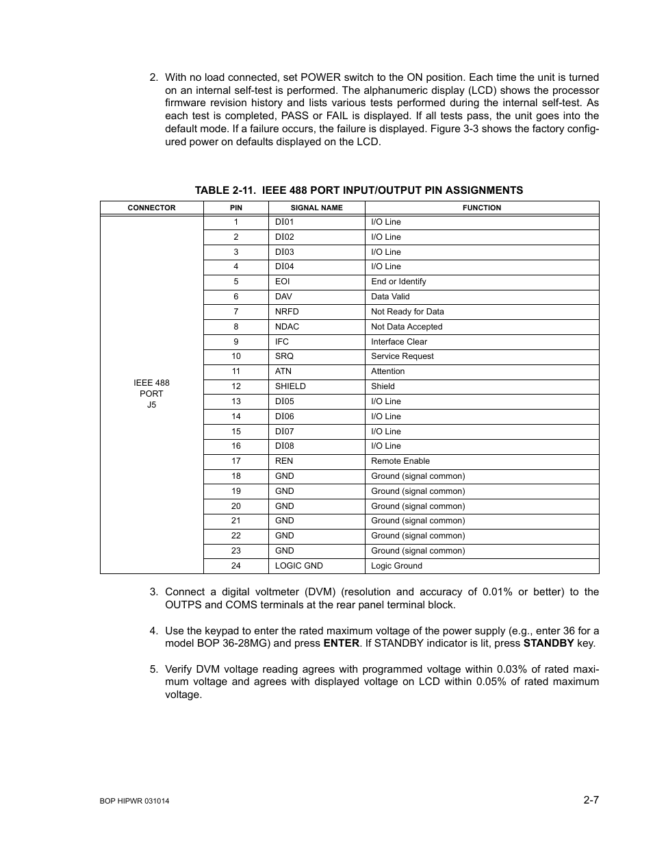11 ieee 488 port input/output pin assignments -7, Able 2-11 | KEPCO BOP 1KW-MG Operator Manual, Firmware Ver.4.12 and higher User Manual | Page 45 / 196