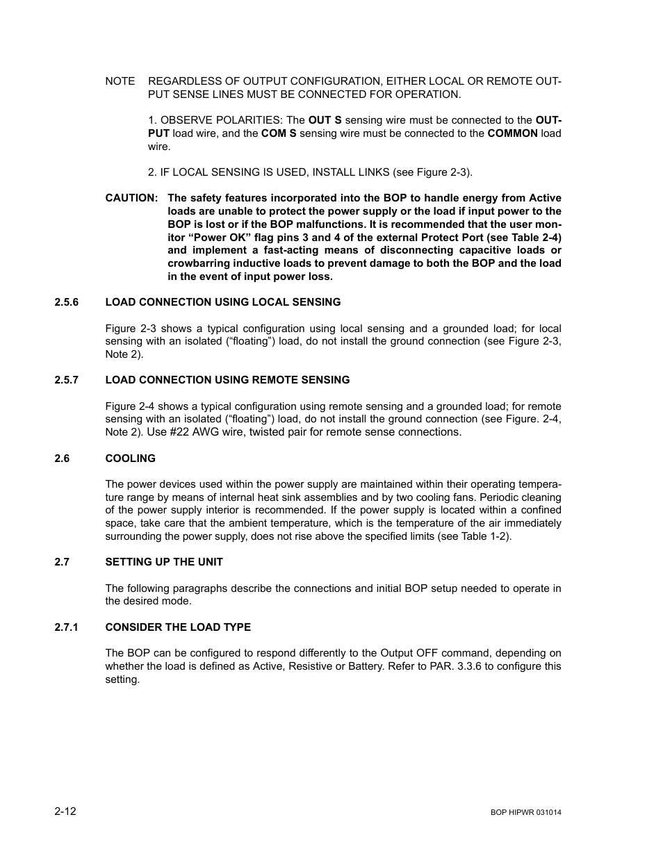 6 load connection using local sensing, 7 load connection using remote sensing, 6 cooling | 7 setting up the unit, 1 consider the load type, Caution, Load connection using local sensing -12, Load connection using remote sensing -12, Cooling -12, Setting up the unit -12 | KEPCO BOP 1KW-MG Operator Manual, Firmware Ver.4.12 and higher User Manual | Page 50 / 196