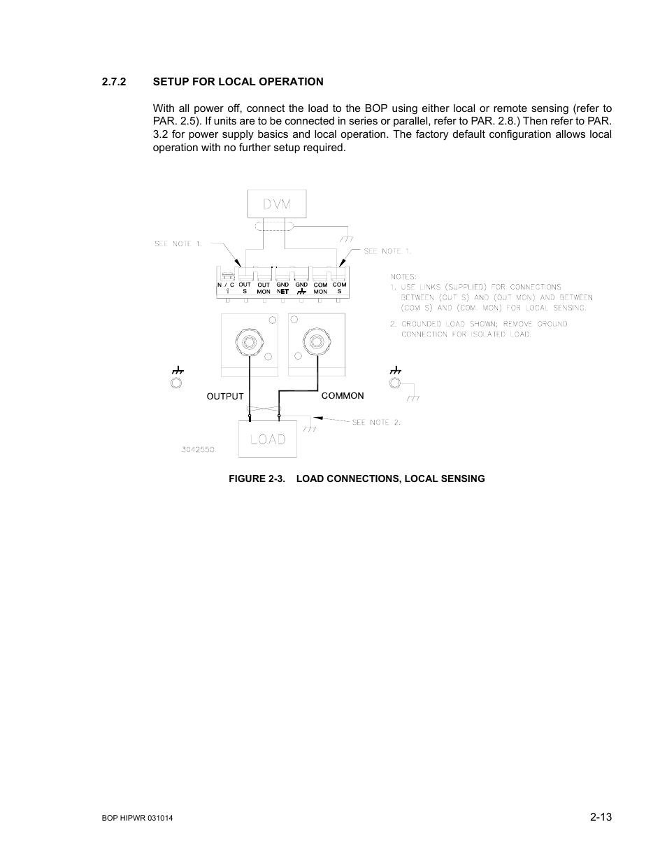 2 setup for local operation, Figure 2-3. load connections, local sensing, Setup for local operation -13 | Load connections, local sensing -13 | KEPCO BOP 1KW-MG Operator Manual, Firmware Ver.4.12 and higher User Manual | Page 51 / 196