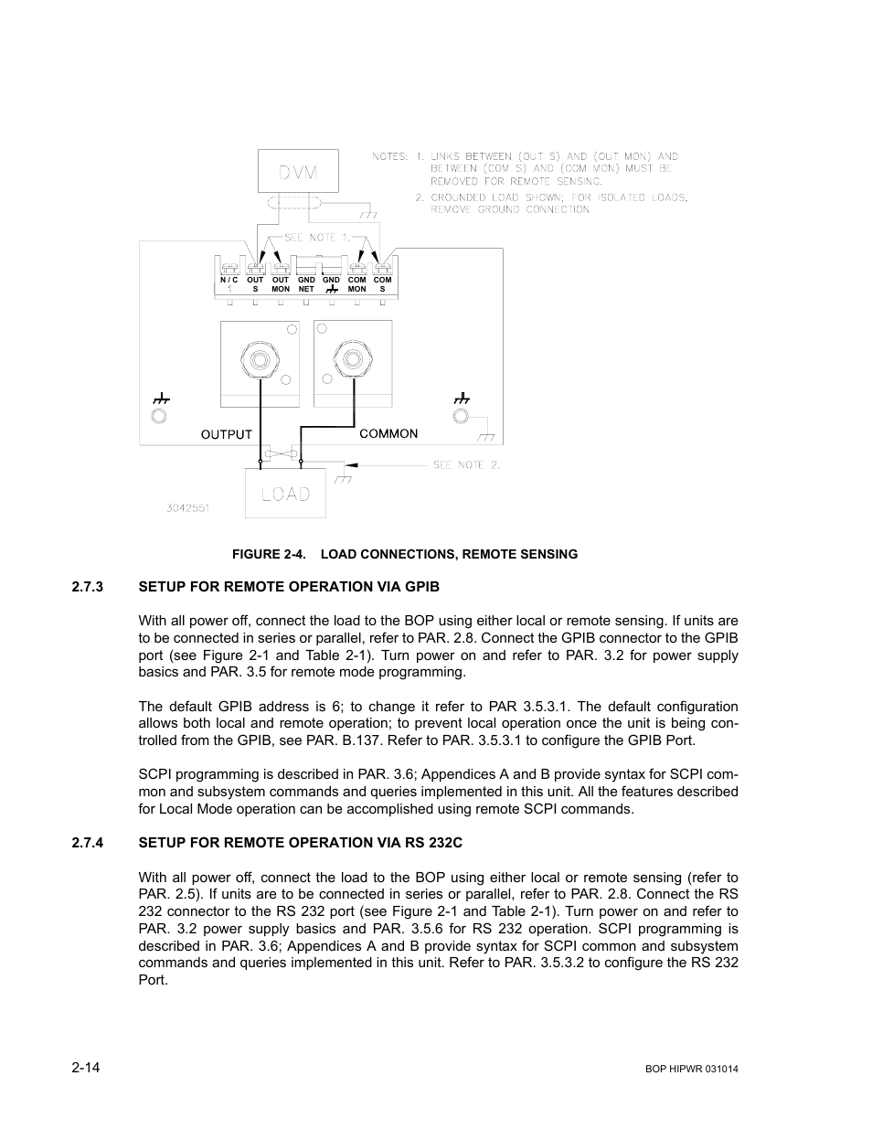 Figure 2-4. load connections, remote sensing, 3 setup for remote operation via gpib, 4 setup for remote operation via rs 232c | Setup for remote operation via gpib -14, Setup for remote operation via rs 232c -14, Load connections, remote sensing -14 | KEPCO BOP 1KW-MG Operator Manual, Firmware Ver.4.12 and higher User Manual | Page 52 / 196
