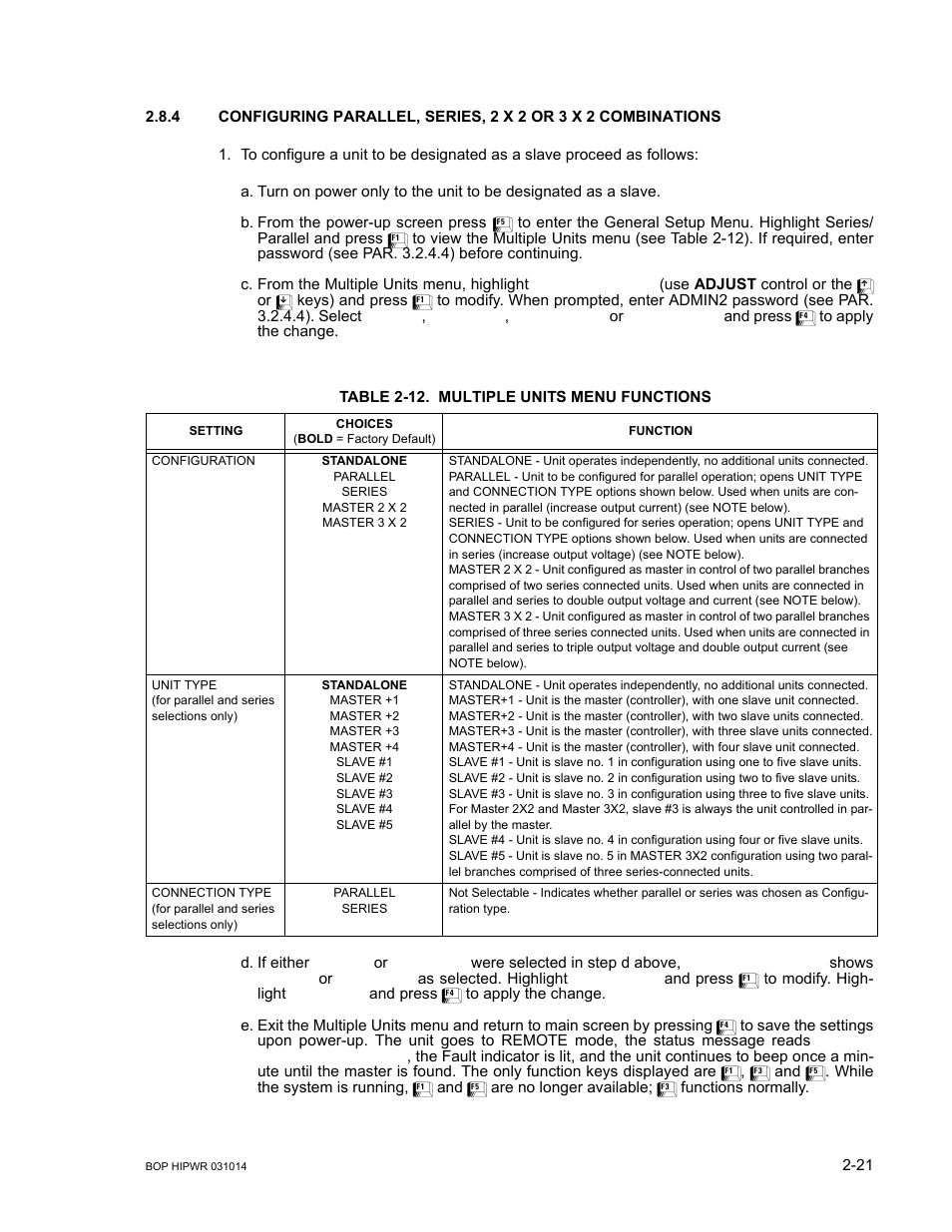 Table 2-12. multiple units menu functions, 12 multiple units menu functions -21 | KEPCO BOP 1KW-MG Operator Manual, Firmware Ver.4.12 and higher User Manual | Page 59 / 196