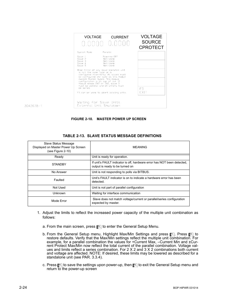 Figure 2-10. master power up screen, Table 2-13. slave status message definitions, 10 master power up screen -24 | 13 slave status message definitions -24, E 2-10), 13 fo, E 2-10): “powe, Voltage source cprotect | KEPCO BOP 1KW-MG Operator Manual, Firmware Ver.4.12 and higher User Manual | Page 62 / 196