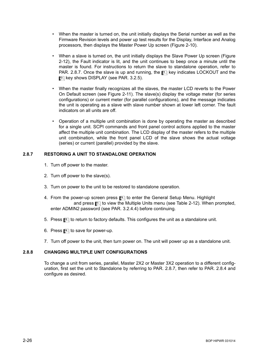 7 restoring a unit to standalone operation, 8 changing multiple unit configurations, Restoring a unit to standalone operation -26 | Changing multiple unit configurations -26, R. 2.8.7 | KEPCO BOP 1KW-MG Operator Manual, Firmware Ver.4.12 and higher User Manual | Page 64 / 196