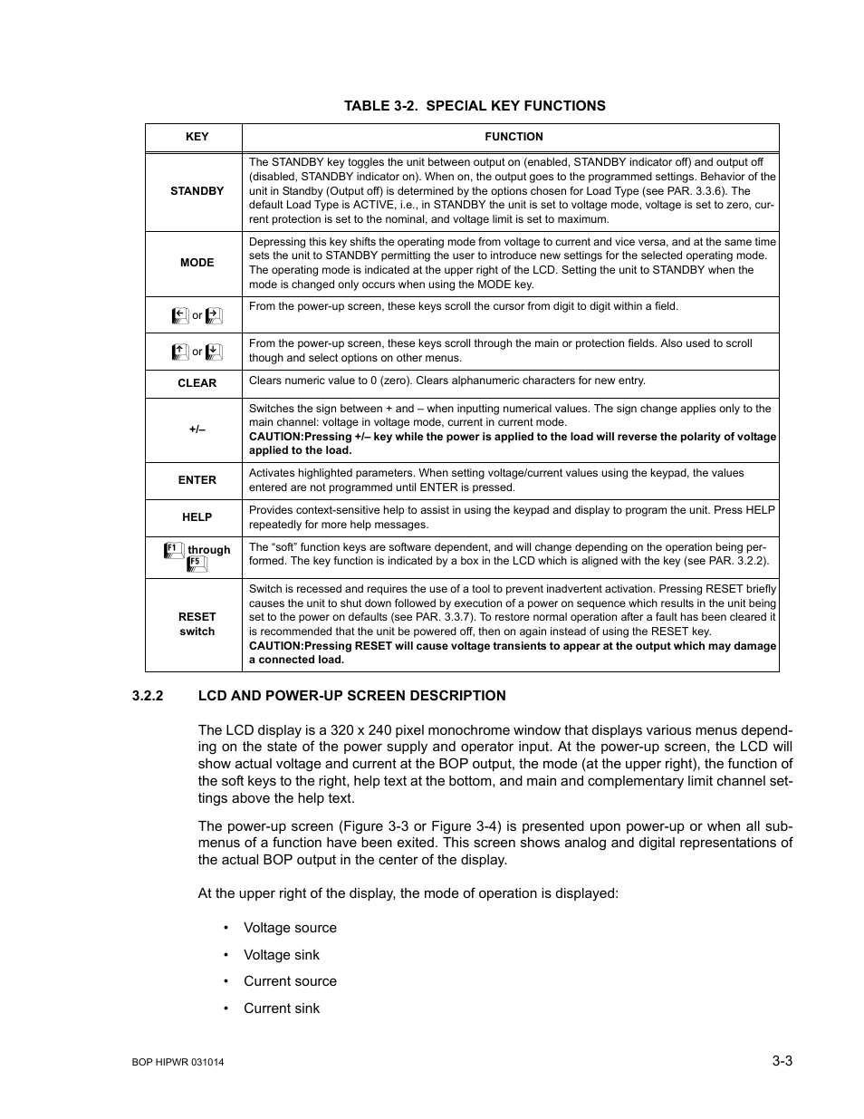 Table 3-2. special key functions, 2 lcd and power-up screen description, Caution | Which may damage a connected load, Lcd and power-up screen description -3, Special key functions -3, Able 3-2, Able 3-2) | KEPCO BOP 1KW-MG Operator Manual, Firmware Ver.4.12 and higher User Manual | Page 69 / 196