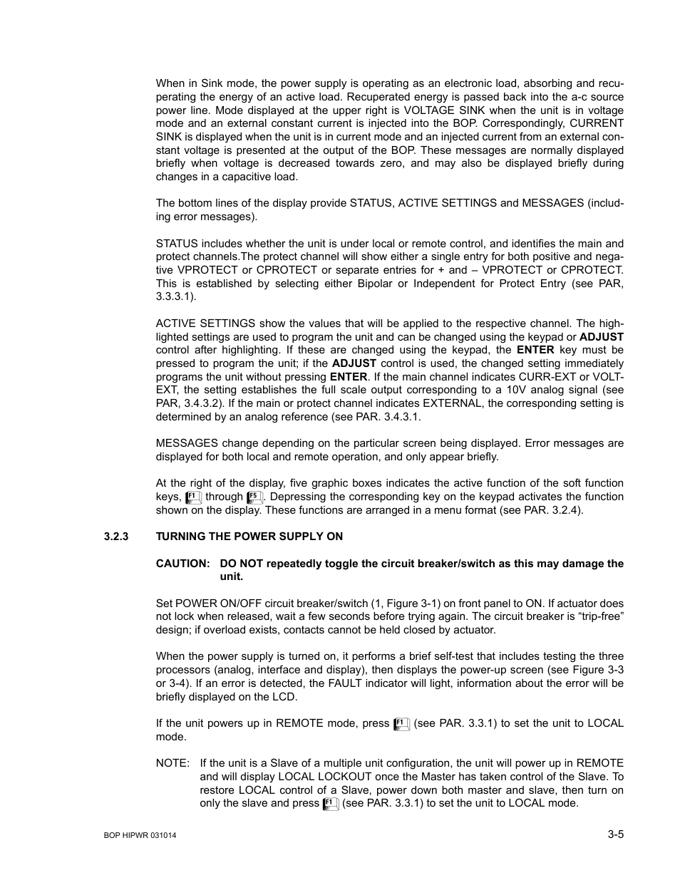 3 turning the power supply on, Caution, The unit | Turning the power supply on -5 | KEPCO BOP 1KW-MG Operator Manual, Firmware Ver.4.12 and higher User Manual | Page 71 / 196