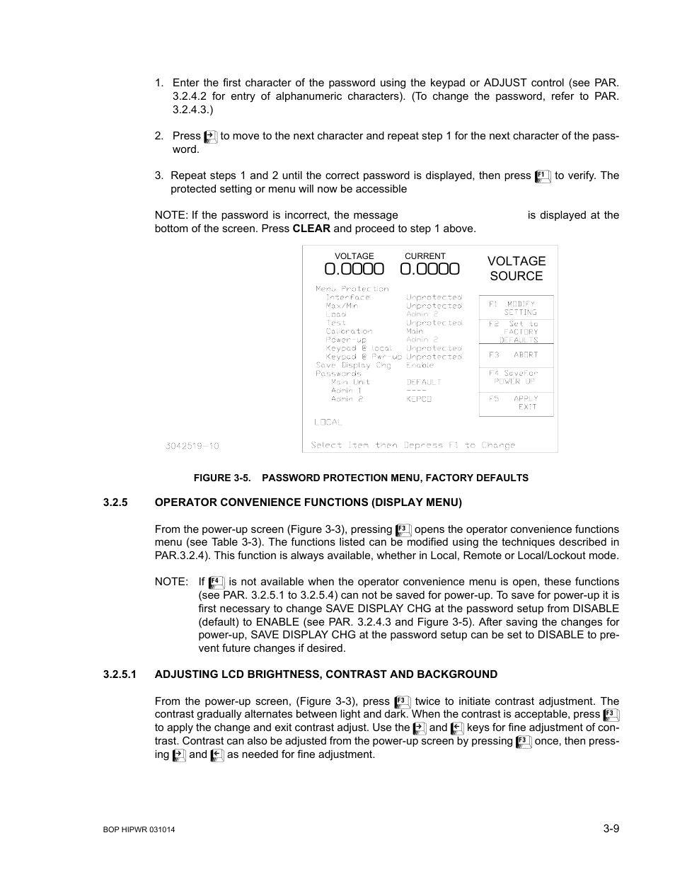 5 operator convenience functions (display menu), Operator convenience functions (display menu) -9, Password protection menu, factory defaults -9 | R. 3.2.5), Ee figure 3-5 for, 5 for | KEPCO BOP 1KW-MG Operator Manual, Firmware Ver.4.12 and higher User Manual | Page 75 / 196