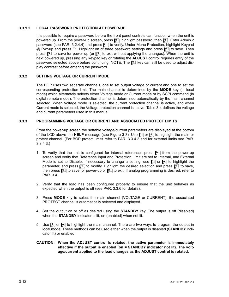 2 local password protection at power-up, 2 setting voltage or current mode, Caution | Tated, Local password protection at power-up -12, Setting voltage or current mode -12 | KEPCO BOP 1KW-MG Operator Manual, Firmware Ver.4.12 and higher User Manual | Page 78 / 196